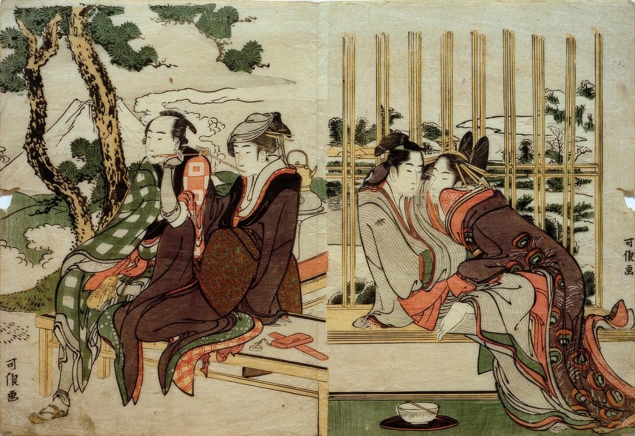 Azuma og Yogoro i den gamle sne. Koman og Yosaku i solnedgangen af Katsushika Hokusai