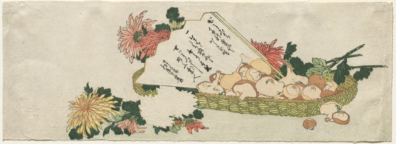 Kurv med vifte, krysantemum og svampe af Katsushika Hokusai