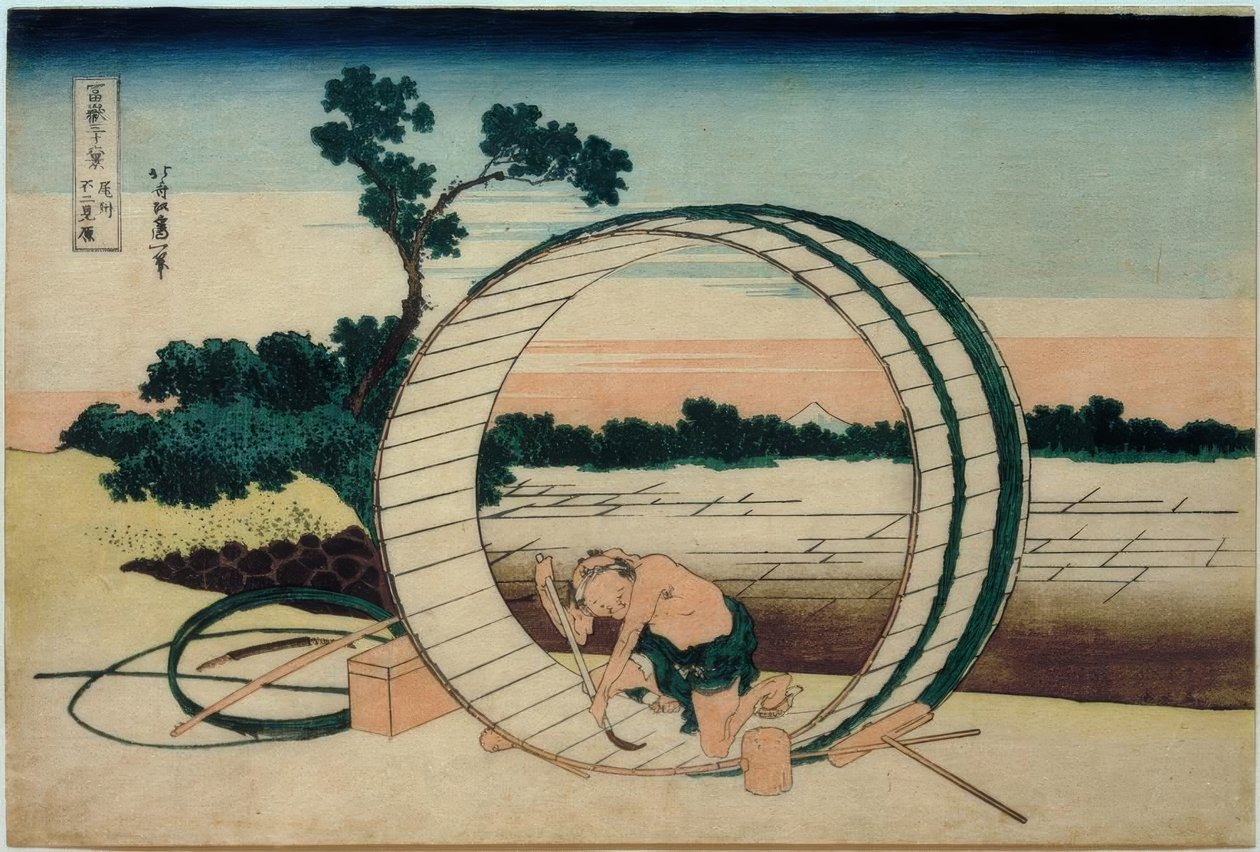 Mount Fuji set fra rismarkerne i Owari-provinsen af Katsushika Hokusai