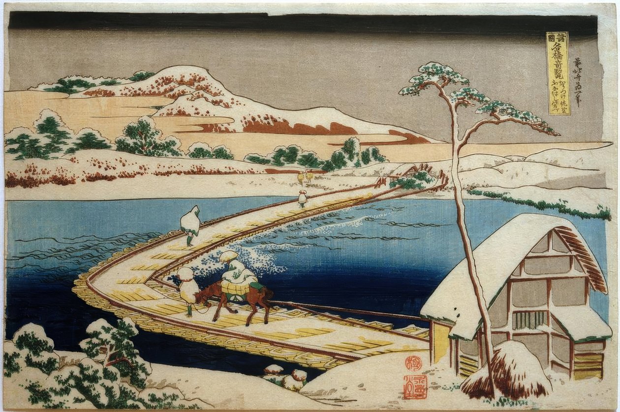 Udsigt over den tidligere bådebro ved Sano i Kôzuke-provinsen af Katsushika Hokusai
