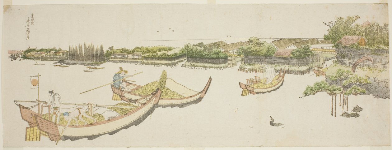 Både, der transporterer ris på Sumida-floden af Katsushika Hokusai