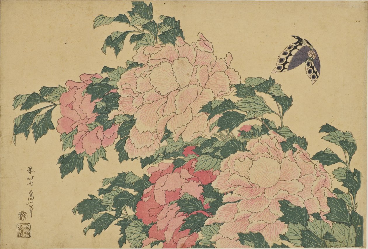 Sommerfugle og pæoner af Katsushika Hokusai