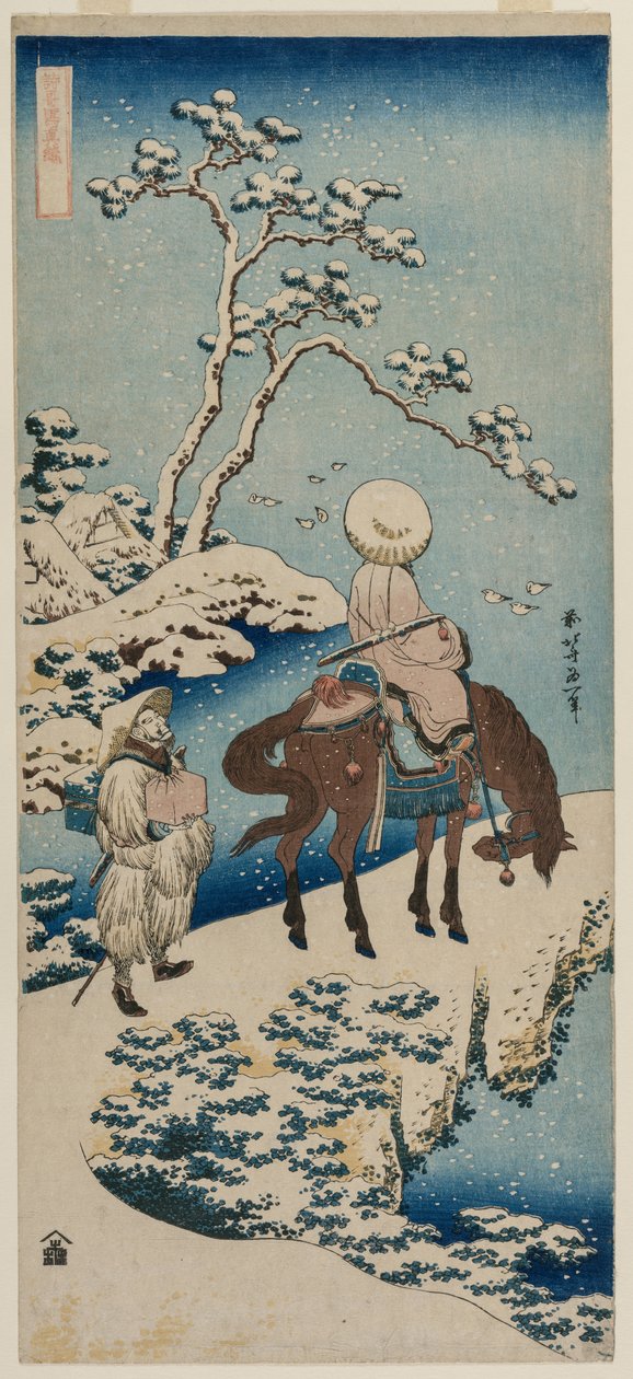 Kinesisk embedsmand holder pause på en bro for at se sneen (fra serien A True Mirror of Chinese and Japanese Verse) af Katsushika Hokusai