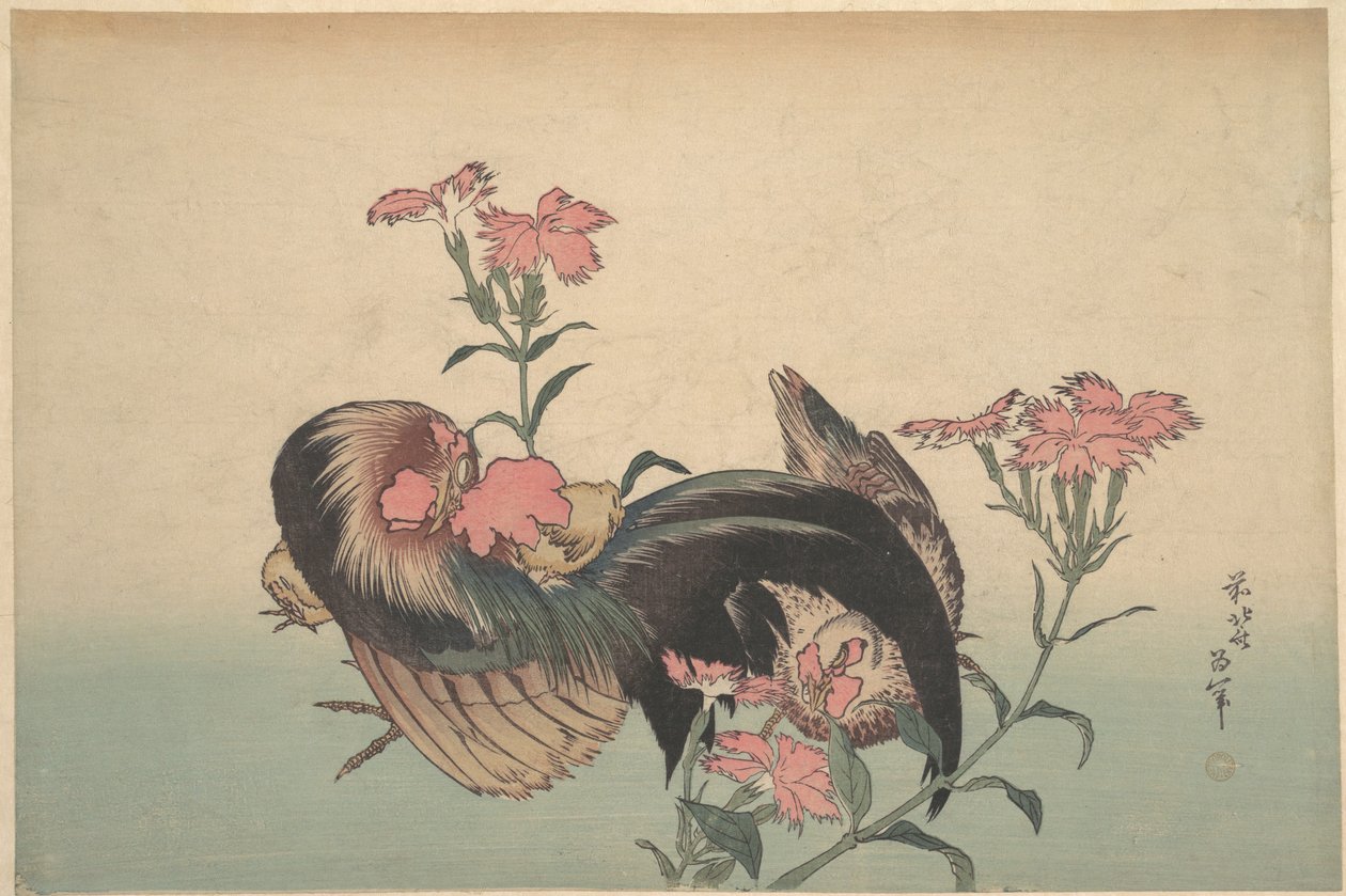 Hane, høne og Nadeshiko (Dianthus superbus) af Katsushika Hokusai