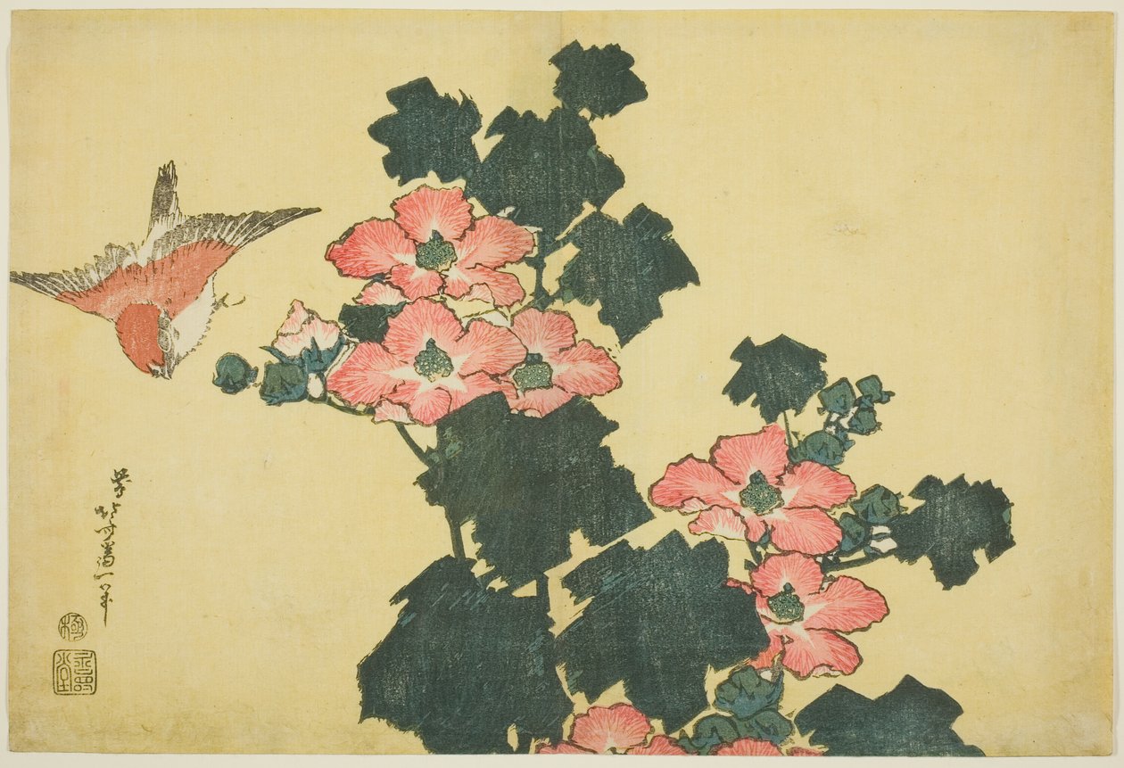 Bomuldsroser og spurv, fra en unavngiven serie af store blomster af Katsushika Hokusai