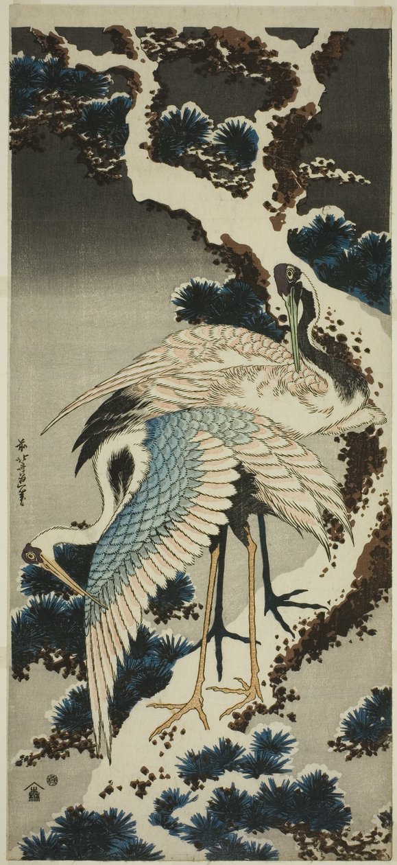Traner på sneklædt fyrretræ af Katsushika Hokusai