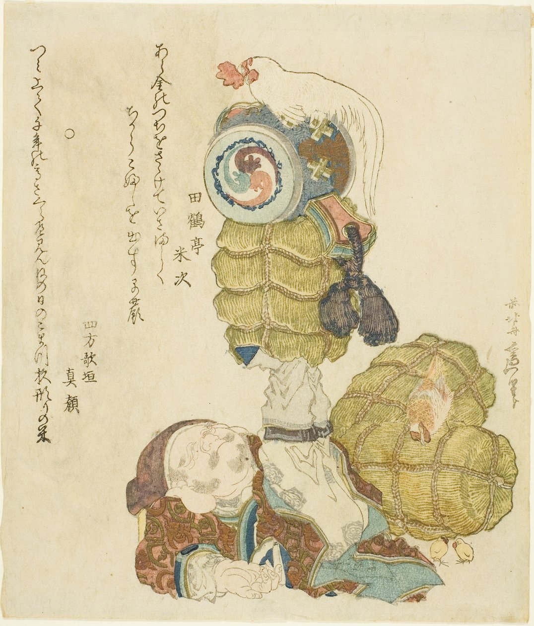 Daikoku balancerer risballer, hammer og hane på fødderne af Katsushika Hokusai