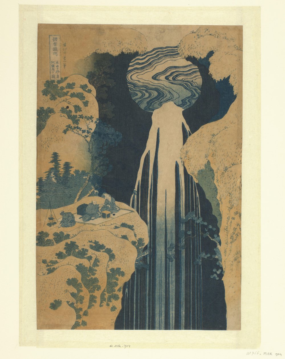 De Amida-vandval langs de Kisokaido Kisoji no oku Amida-ga-taki (titel på objekt) En rondreis langs de watervallen i de provinser (serietitel) Shokoku taki meguri (serietitel på objekt) af Katsushika Hokusai