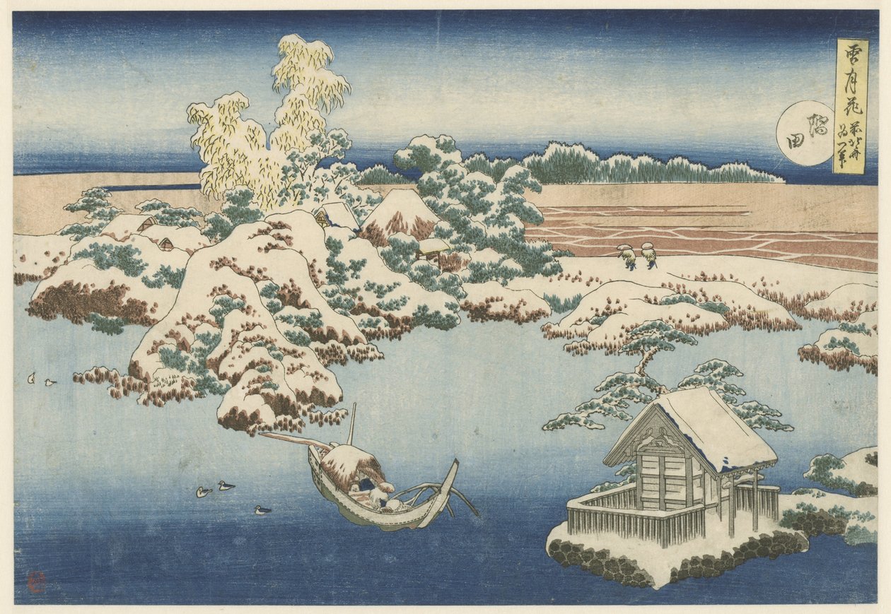 Sumida-floden i sne Sumida (titel på objekt) Sne, måne og blomster (serietitel) Setsugekka (serietitel på objekt) af Katsushika Hokusai