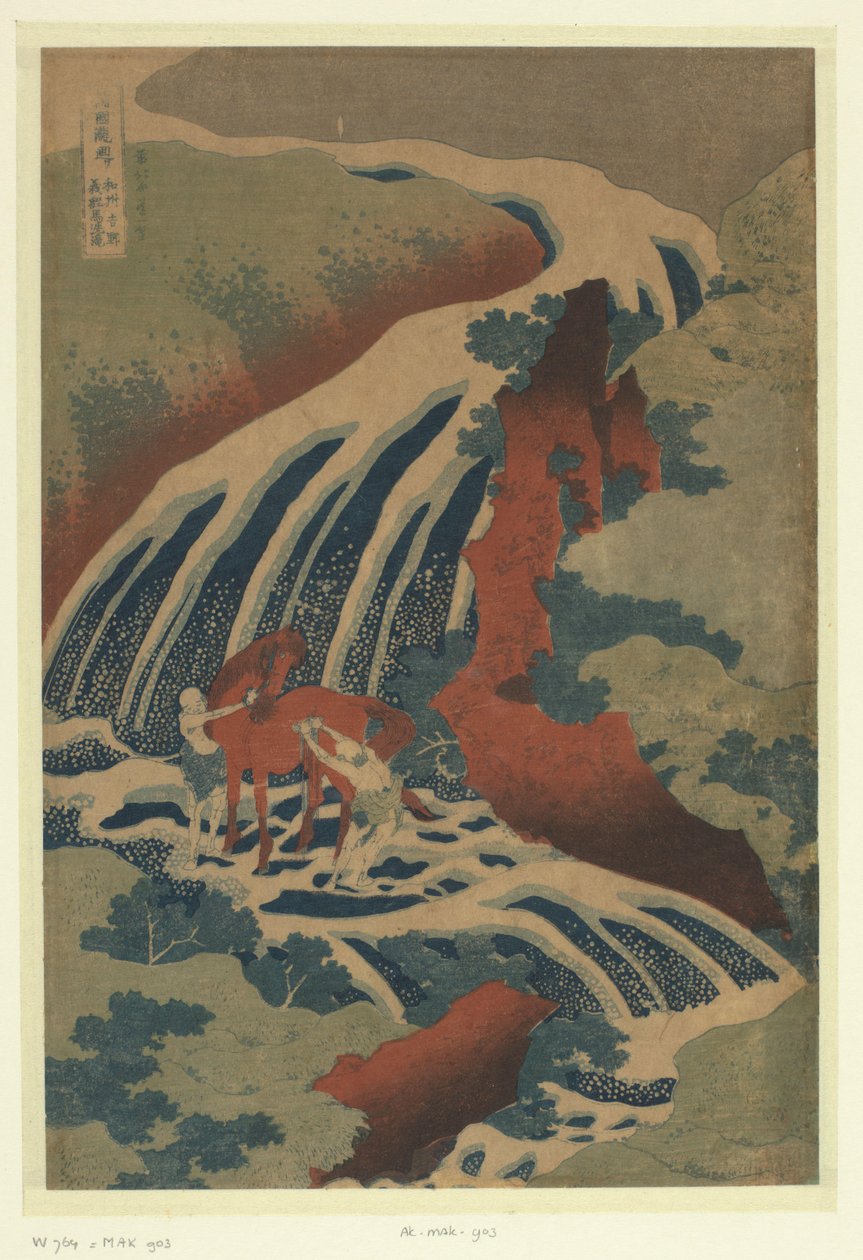 Vandfaldet, hvor Yoshitsune vaskede sin hest ved Yoshino i Yamato provinsen Washu Yoshino Yoshitsune uma taki (titel på objekt) En rundvisning i vandfaldene i provinserne (serietitel) Soshu Oyama Roben no taki (serietitel på objekt) af Katsushika Hokusai