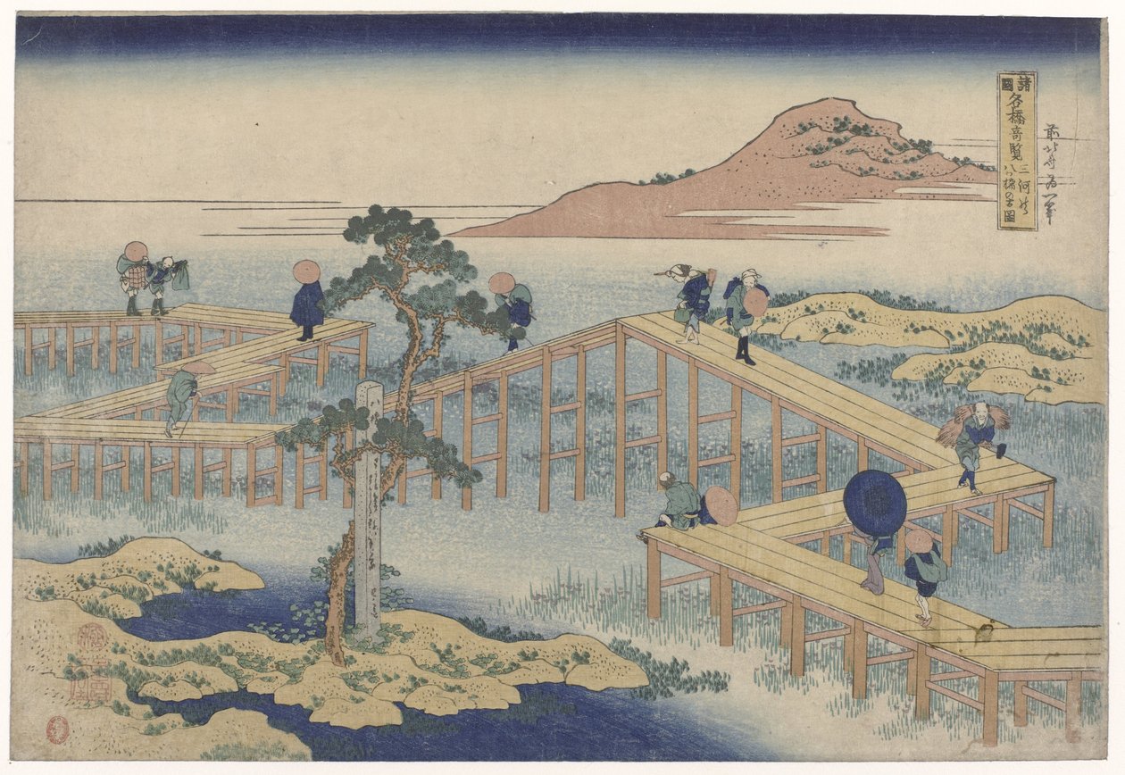 Zigzag-broen i Mikawa provinsen Mikawa no yatsuhashi no kozu (titel på objekt) Udsigt over berømte broer i provinserne (serietitel) Shokoku Meikyo Kiran (titel på objekt) af Katsushika Hokusai