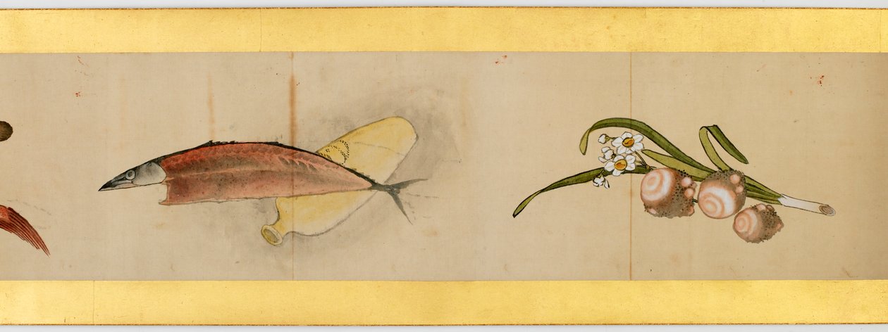 Detalje af Handscroll med diverse billeder, Edo Periode, 1839 blæk og farve på papir af Katsushika Hokusai