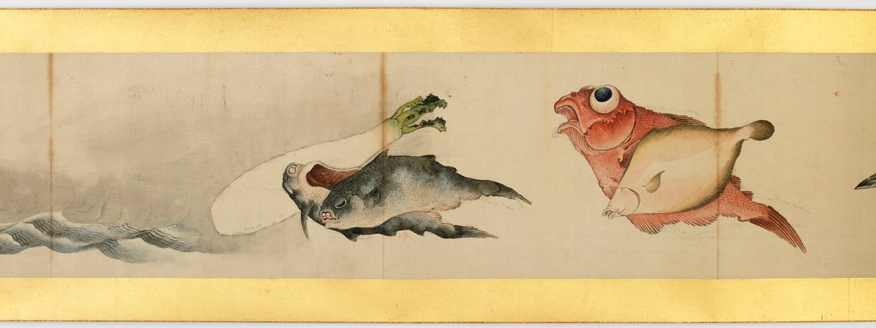 Detalje af Handscroll med diverse billeder, Edo Periode, 1839 blæk og farve på papir af Katsushika Hokusai