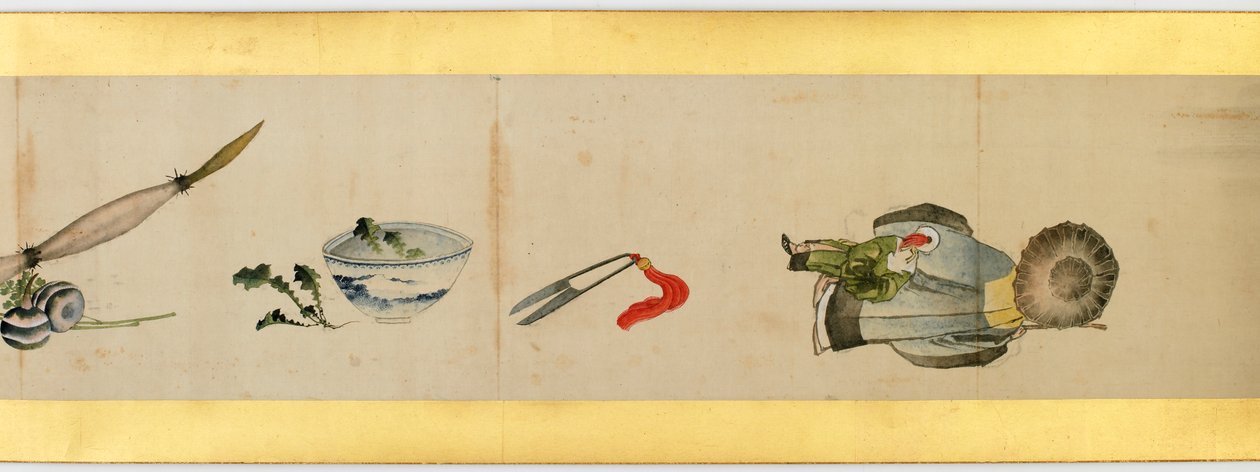 Detalje af Handscroll med diverse billeder, Edo Periode, 1839 blæk og farve på papir af Katsushika Hokusai