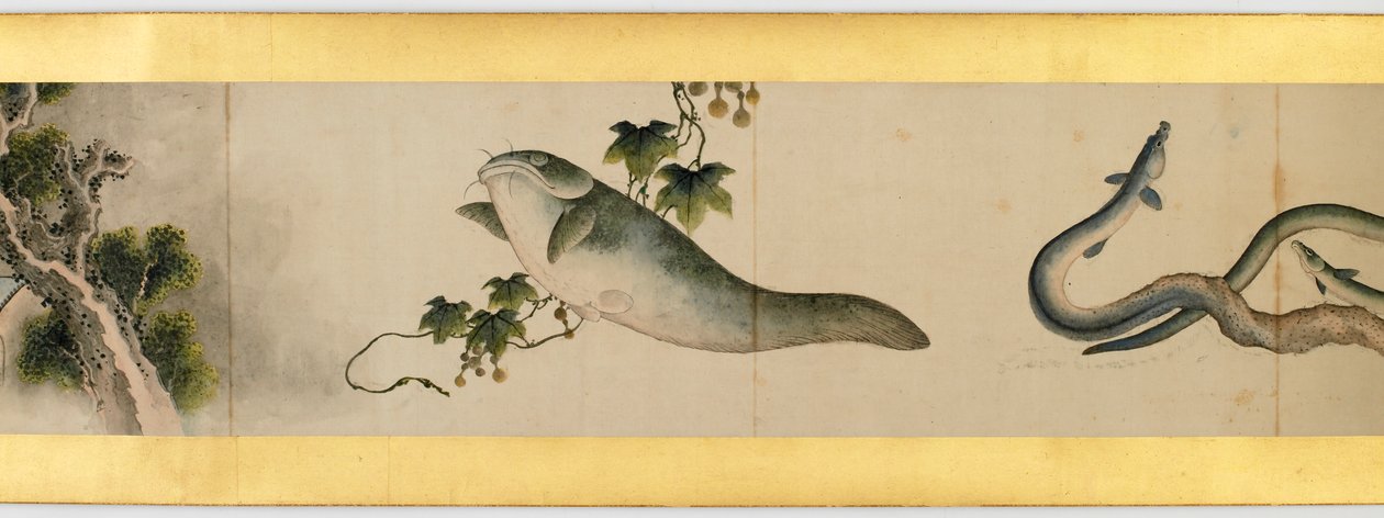 Detalje af håndrulle med forskellige billeder, Edo-perioden, 1839, blæk og farve på papir af Katsushika Hokusai