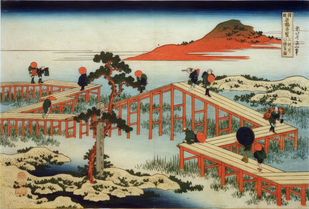Den gamle udsigt over Yatsuhashi -broen i Mikawa -provinsen af Katsushika Hokusai