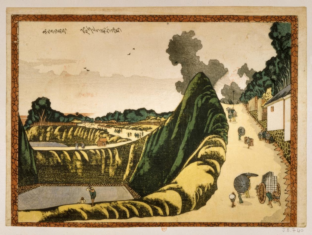 Landsby på vejen fra Ushigafuchi til Kudan af Katsushika Hokusai