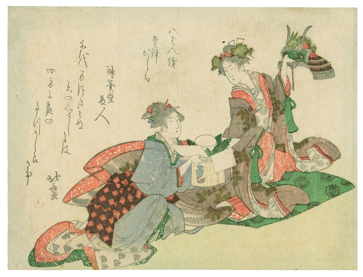 Hjelm med dragehoved (to kvinder med nytårspynt) af Katsushika Hokusai