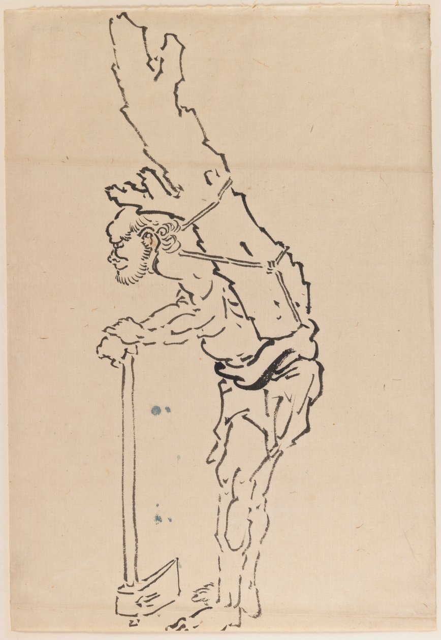 Tegning af en mand, der hviler på en økse og bærer en del af en træstamme på ryggen (blæk på papir) af Katsushika Hokusai