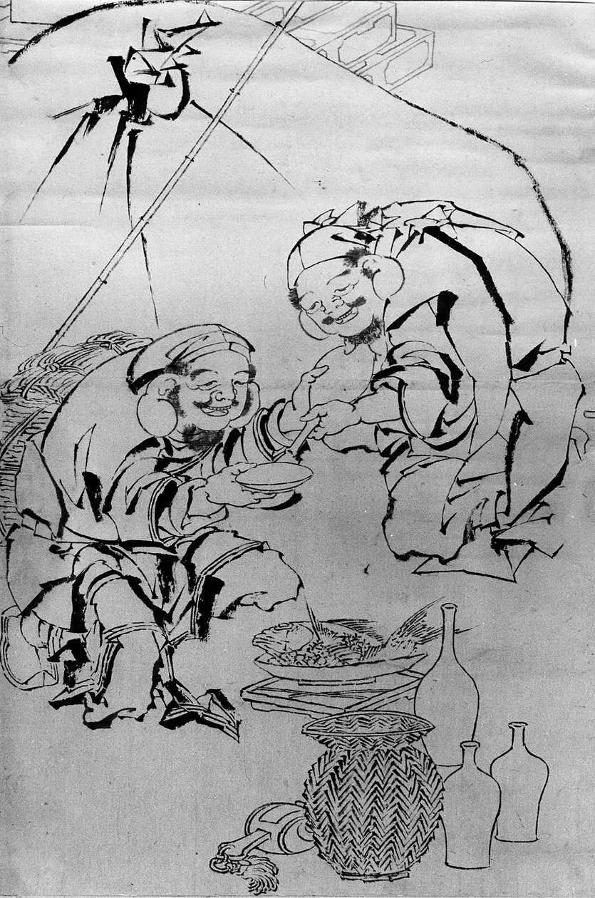 Ebisu og Daikoku fejrer nytårsfestivalen, det 18.-19. århundrede. af Katsushika Hokusai
