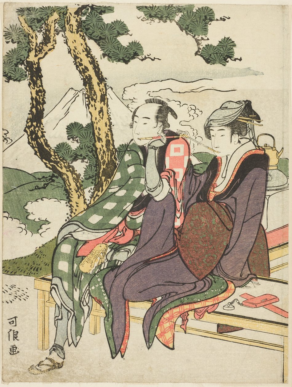 Evening Glow for Date no Yosaku og Seki no Koman, fra den unavngivne serie kendt som "Eight Views of Tragic Lovers (Michiyuki hakkei)" af Katsushika Hokusai