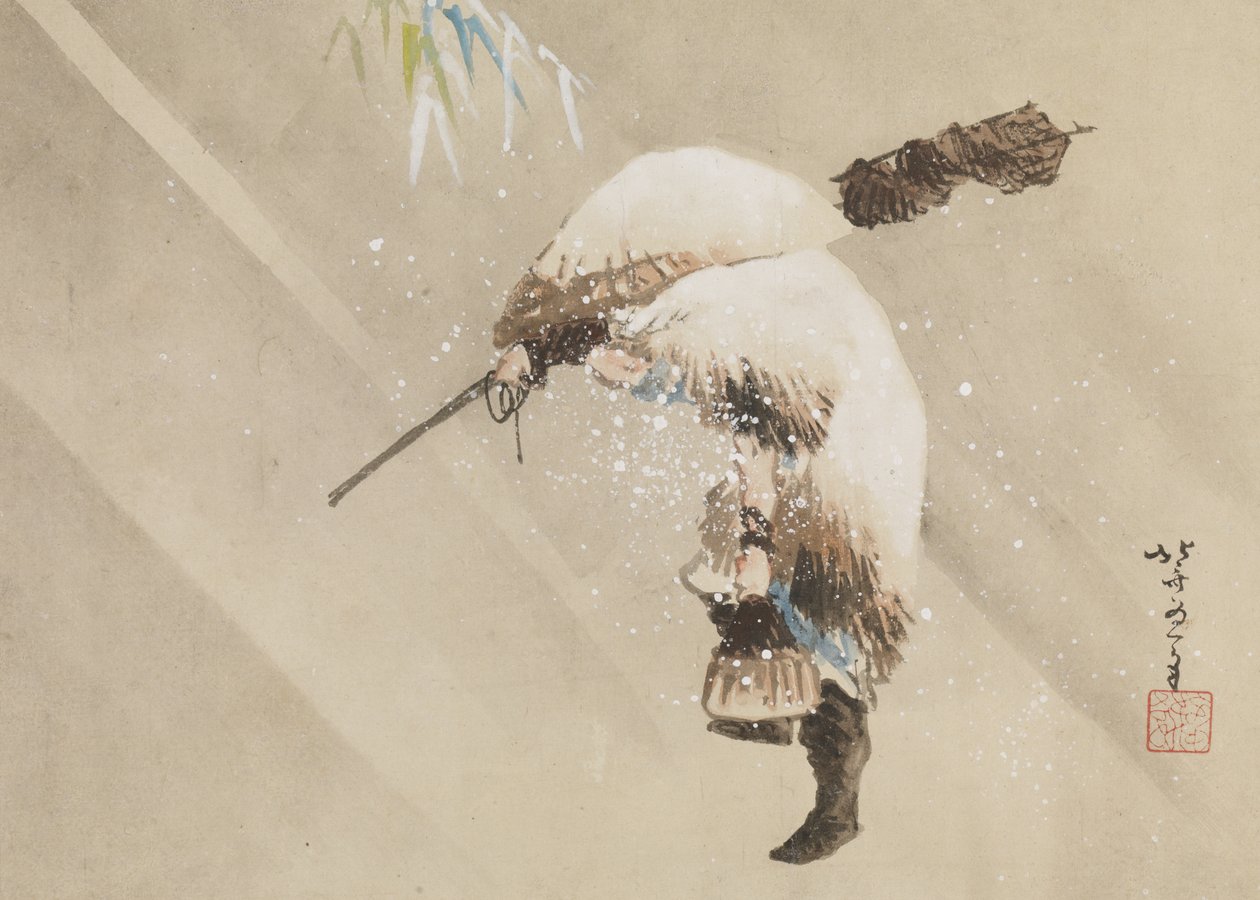 Fisker, der bærer sit net i sneen, ca. 1821 (blæk, farve og sjov på papir) af Katsushika Hokusai