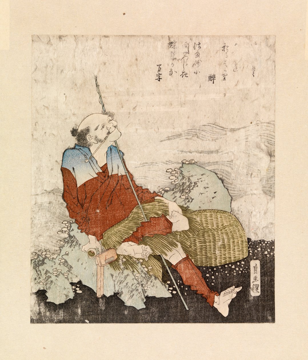 Fisker ryger ved siden af et vandløb, ca. 1835 (farvet træsnit) af Katsushika Hokusai