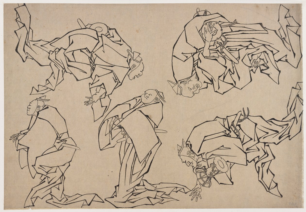 Fem musikere, der spiller trommer, slutningen af det 18.-begyndelsen af det 19. århundrede. af Katsushika Hokusai