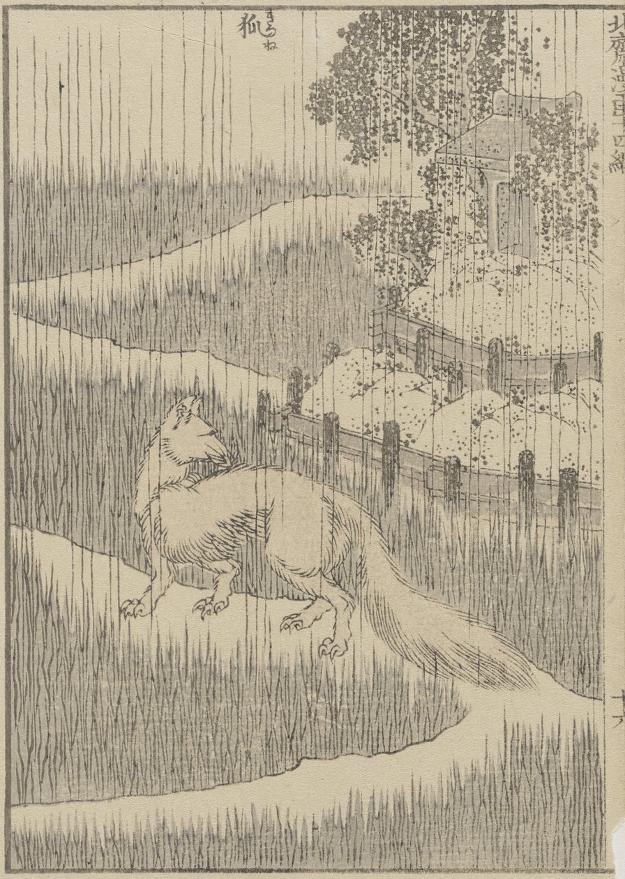 Fox in the Rain, ca. 1840 (træbloktryk) af Katsushika Hokusai