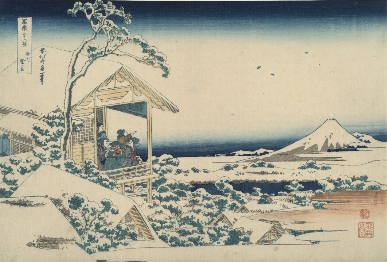 Fuji set fra Koishikawa en snedækket morgen, fra serien »De 36 udsigter over Fuji« af Katsushika Hokusai