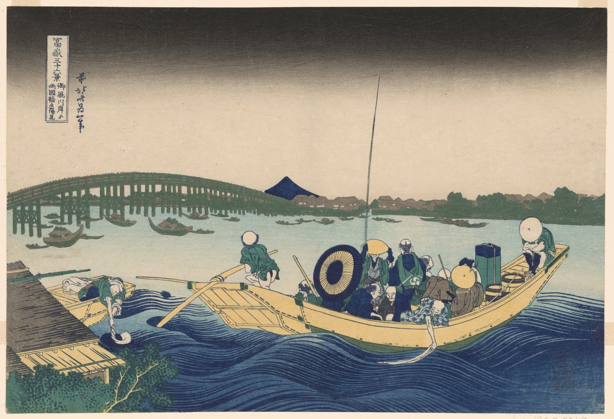 Fuji fra Ommayagashi med Twilight over Ryogoku Bridge (Ommayagashi yori ryogokubashi sekiyo o miru), fra serien "Thirty-six Views of Mount Fuji (Fugaku sanjurokkei)" af Katsushika Hokusai