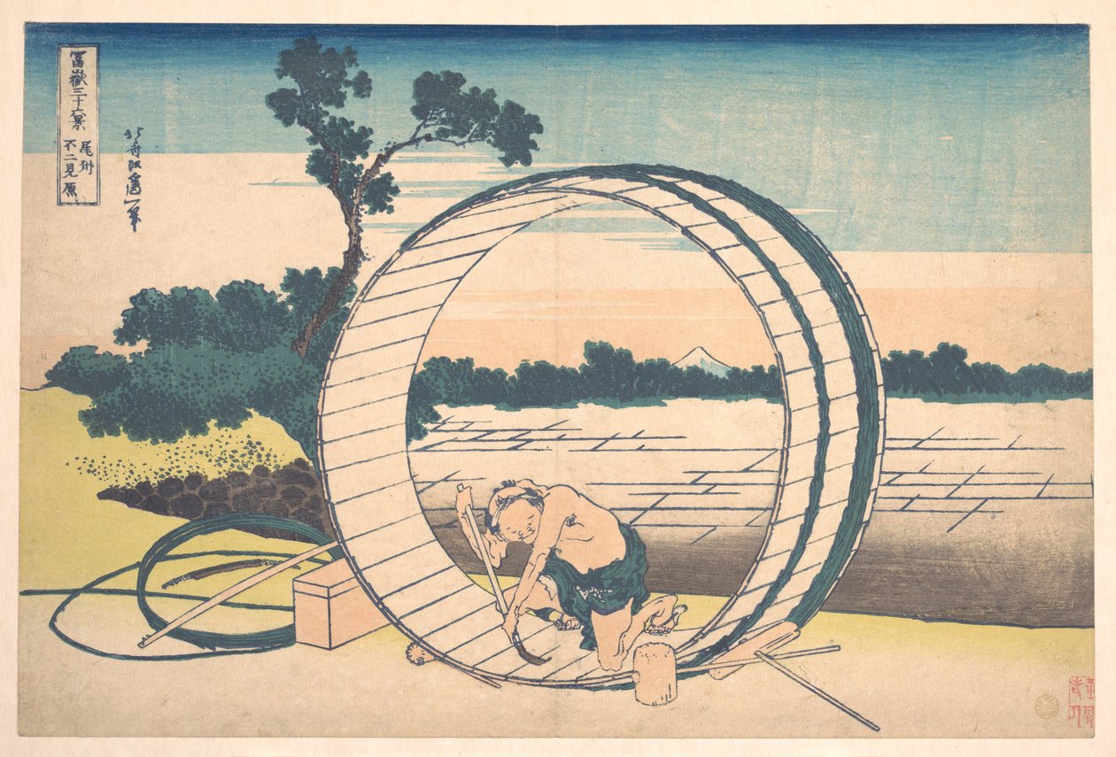 Fujimigahara i Owari-provinsen (Bishū Fujimigahara), fra serien »De 36 udsigter over Fuji-bjerget« (Fugaku sanjūrokkei) af Katsushika Hokusai