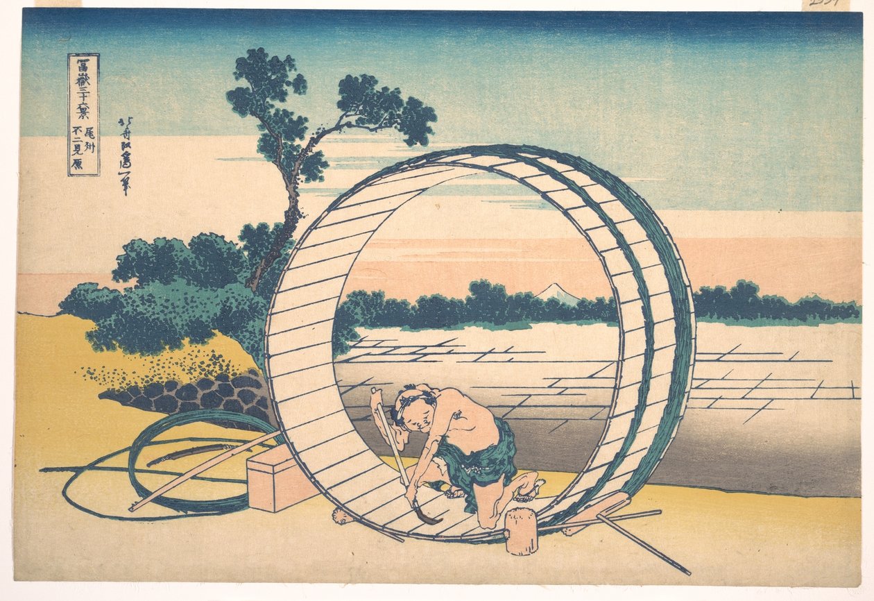 Fujimigahara i Owari-provinsen (Bishū Fujimigahara), fra serien »De 36 udsigter over Fuji-bjerget« (Fugaku sanjūrokkei) af Katsushika Hokusai