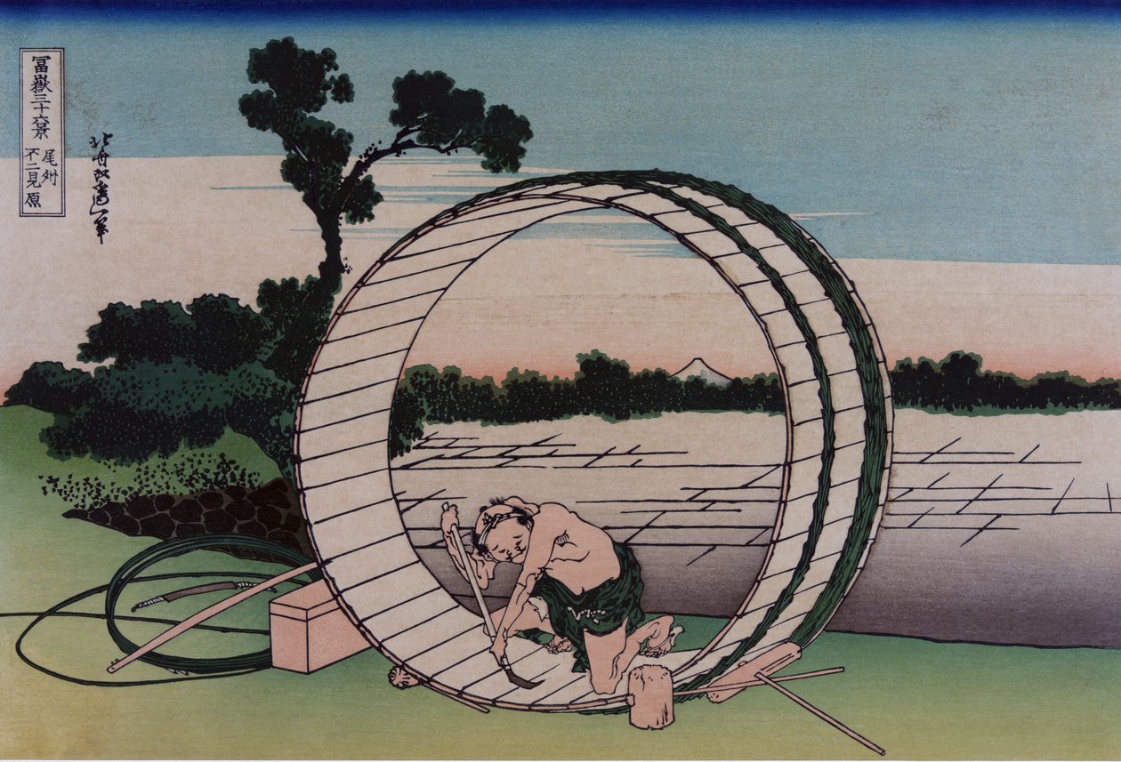 Fujimigahara i Owari-provinsen, fra serien Thirty-six Views of Mount Fuji, pub. C. 1830-32 (farvet træblok) af Katsushika Hokusai