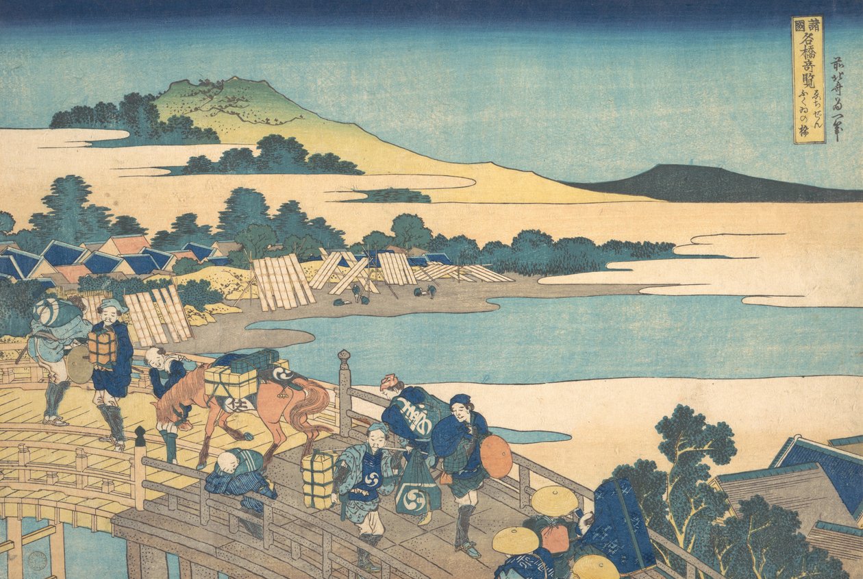 Fukui-broen i Echizen-provinsen Echizen Fukui no hashi, fra serien Remarkable V..., 1827-30. af Katsushika Hokusai