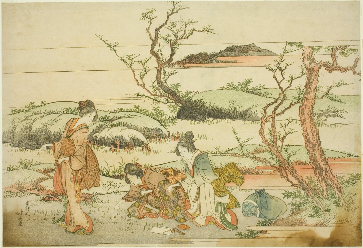 Indsamling af forårsgrønt fra albummet "Fuji in Spring (Haru no Fuji)" af Katsushika Hokusai