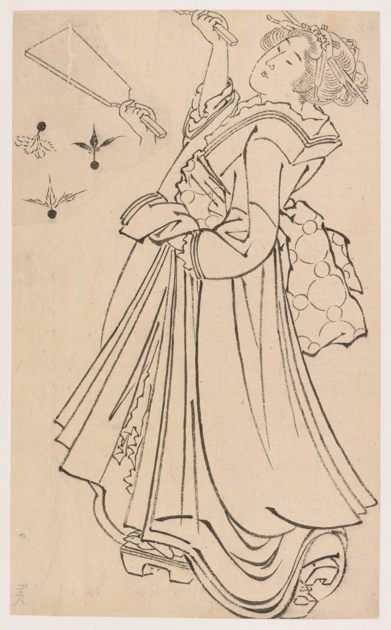 Pige, der leger med en slagdore og fjerbold, slutningen af det 18.-begyndelsen af det 19. århundrede. af Katsushika Hokusai