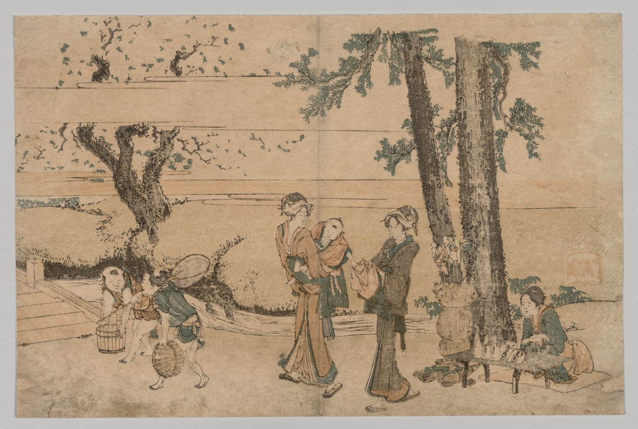 Gruppe af figurer nær en bæk af Katsushika Hokusai