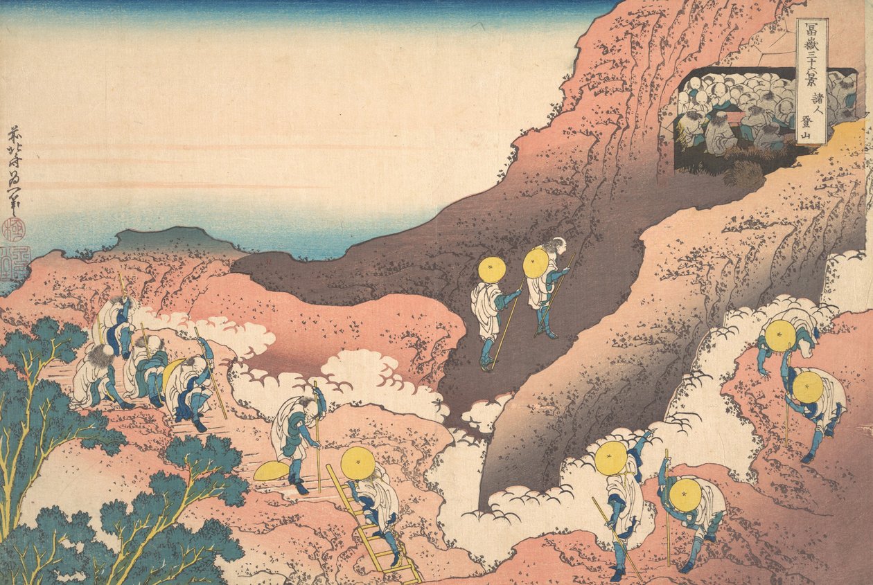 Grupper af bjergbestigere Shojin tozan, fra serien Thirty-six Views of Mou..., ca. 1830-32. af Katsushika Hokusai