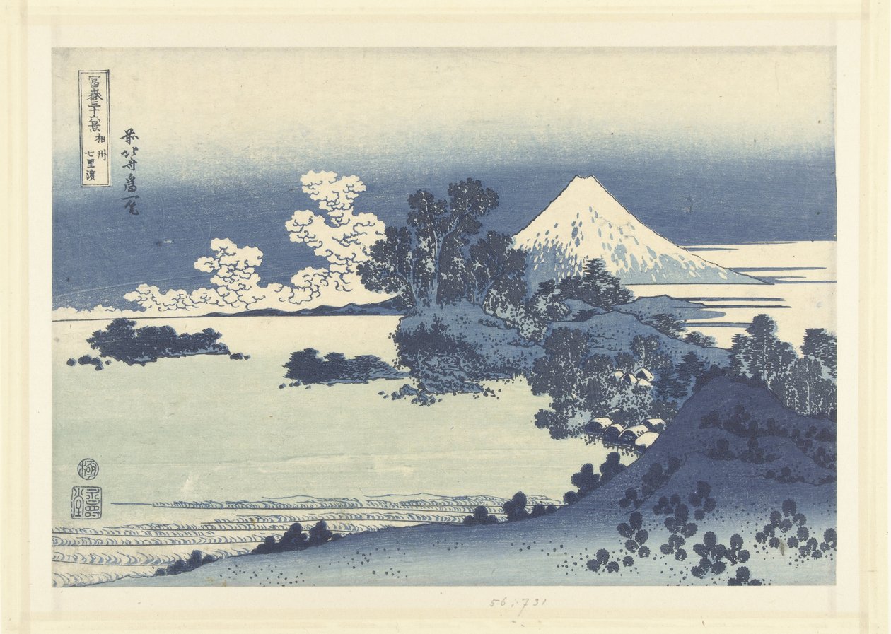 Stranden i Shichiri-ga-hama i Sagami provinsen Soshu Shichiri-ga-hama (titel på objekt) 36 udsigter over Mount Fuji (serietitel) Fugaku sanjurokkei (serietitel på objekt) af Katsushika Hokusai