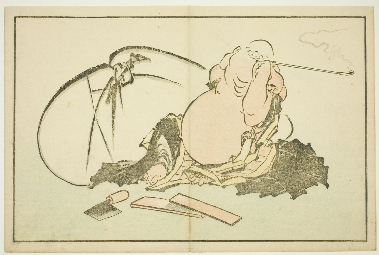 Hotei Smoking his Pipe, fra The Picture Book of Realistic Paintings of Hokusai (Hokusai shashin gafu) af Katsushika Hokusai