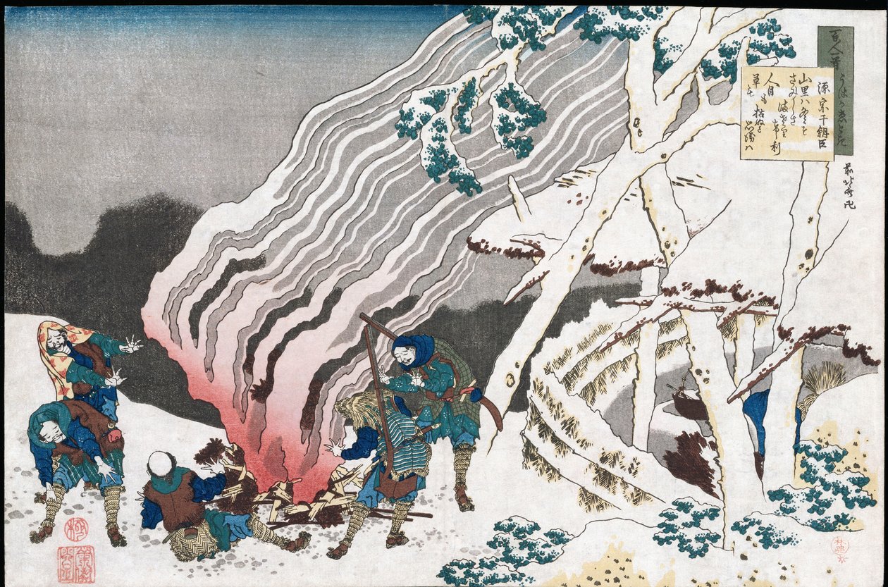 Hunters by a Fire in the Snow", fra serien "One Hundred Poems as told by the Nurse", udgivet ca. 1835 af Katsushika Hokusai