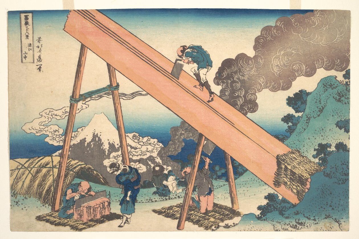 I bjergene i Tōtomi-provinsen (Tōtomi sanchū), fra serien »De 36 udsigter over Fuji-bjerget« (Fugaku sanjūrokkei) af Katsushika Hokusai