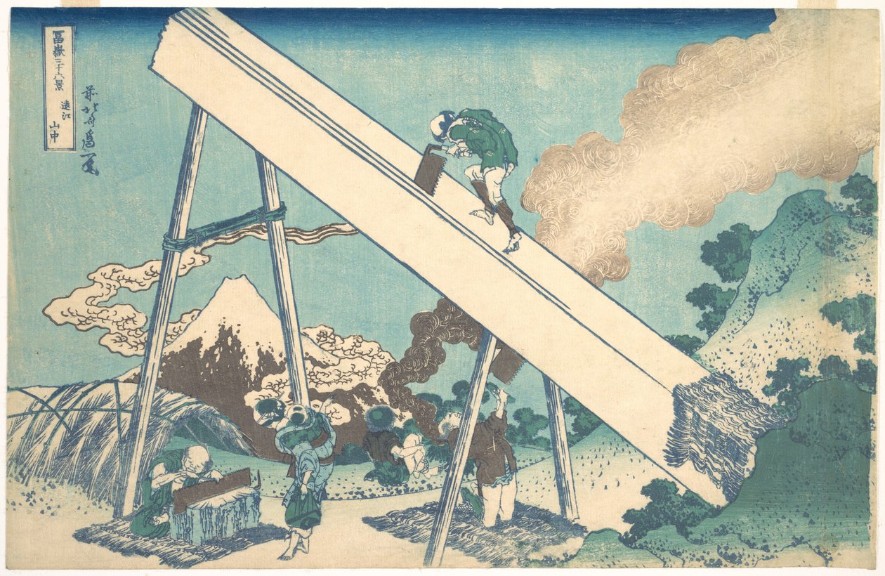 I bjergene i Tōtomi-provinsen (Tōtomi sanchū), fra serien »De 36 udsigter over Fuji-bjerget« (Fugaku sanjūrokkei) af Katsushika Hokusai