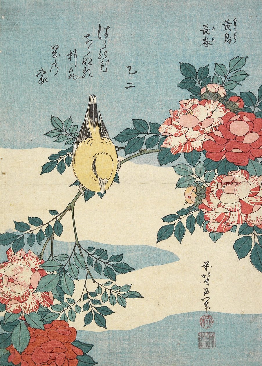 Japansk nattergal og rosenkrans, ca. 1832 af Katsushika Hokusai