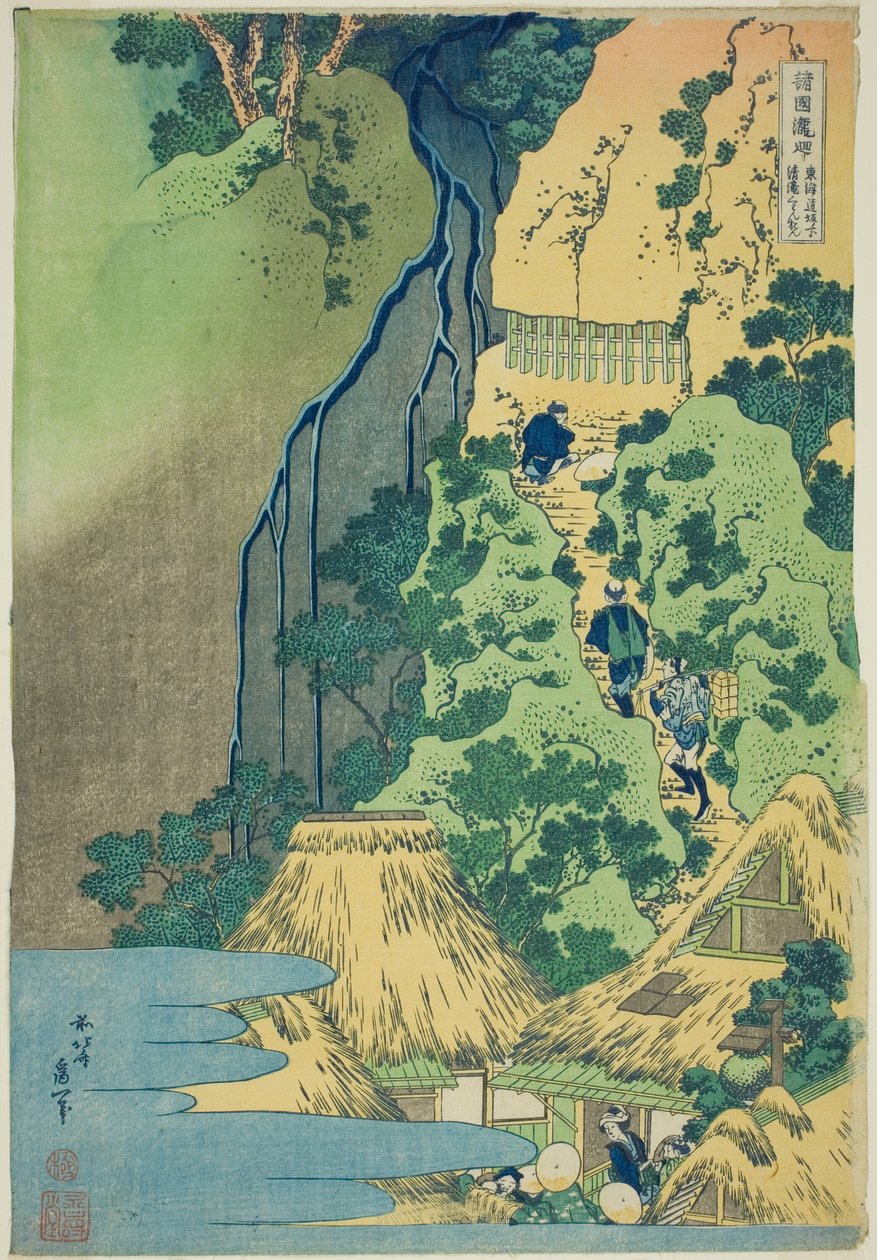 Kannon-helligdommen ved Kiyo Falls ved Sakanoshita på Tōkaidō, fra serien Tour of the Waterfalls in Various Provinces (Shokoku taki meguri) af Katsushika Hokusai