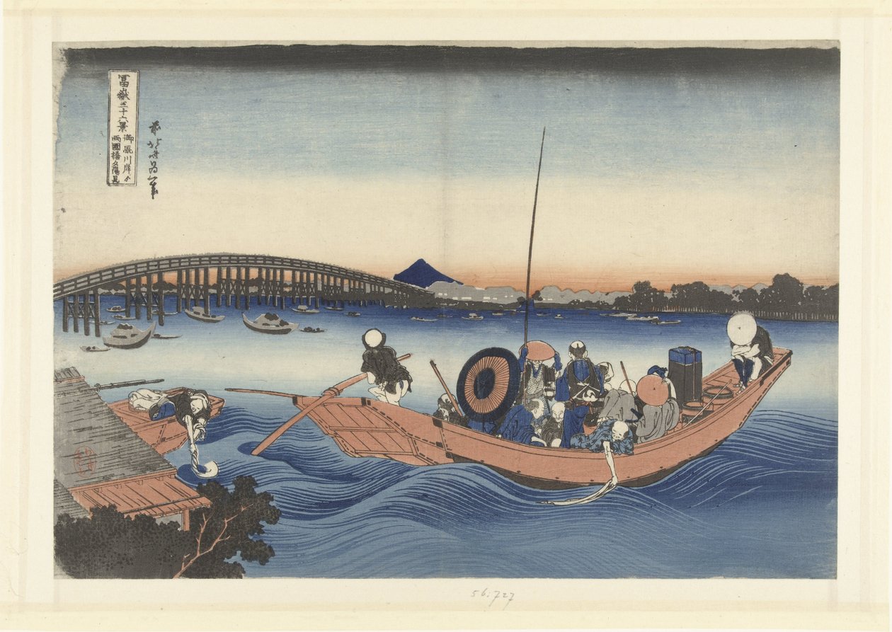 Ser solnedgangen ved Ryogoku Bridge fra Onmaya Bank Onmayagashi yori Ryogokubashi no sekiyo o miru (titel på objekt) 36 udsigter over Mount Fuji (serietitel) Fugaku sanjurokkei (serietitel på objekt) af Katsushika Hokusai
