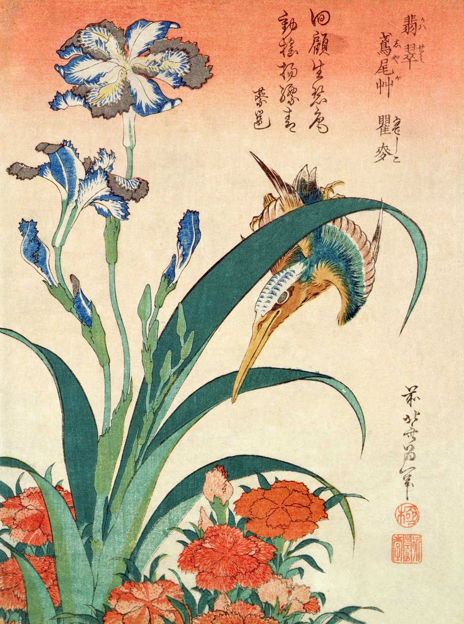 Kingfisher, Iris og Pinks, pub. af Nishimura Eijudo, ca. 1832, et af et sæt på ti tryk, (chuban størrelse, farve træblok) af Katsushika Hokusai