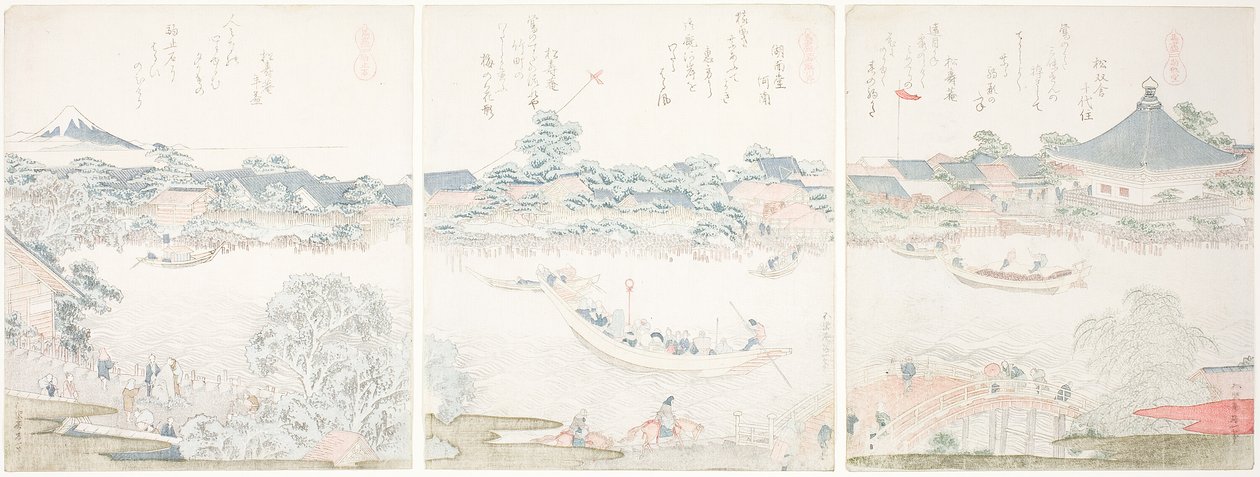 Komagata Hall og O-umaya River Bank, fra serien "A Selection of Horses (Uma zukushi)" af Katsushika Hokusai