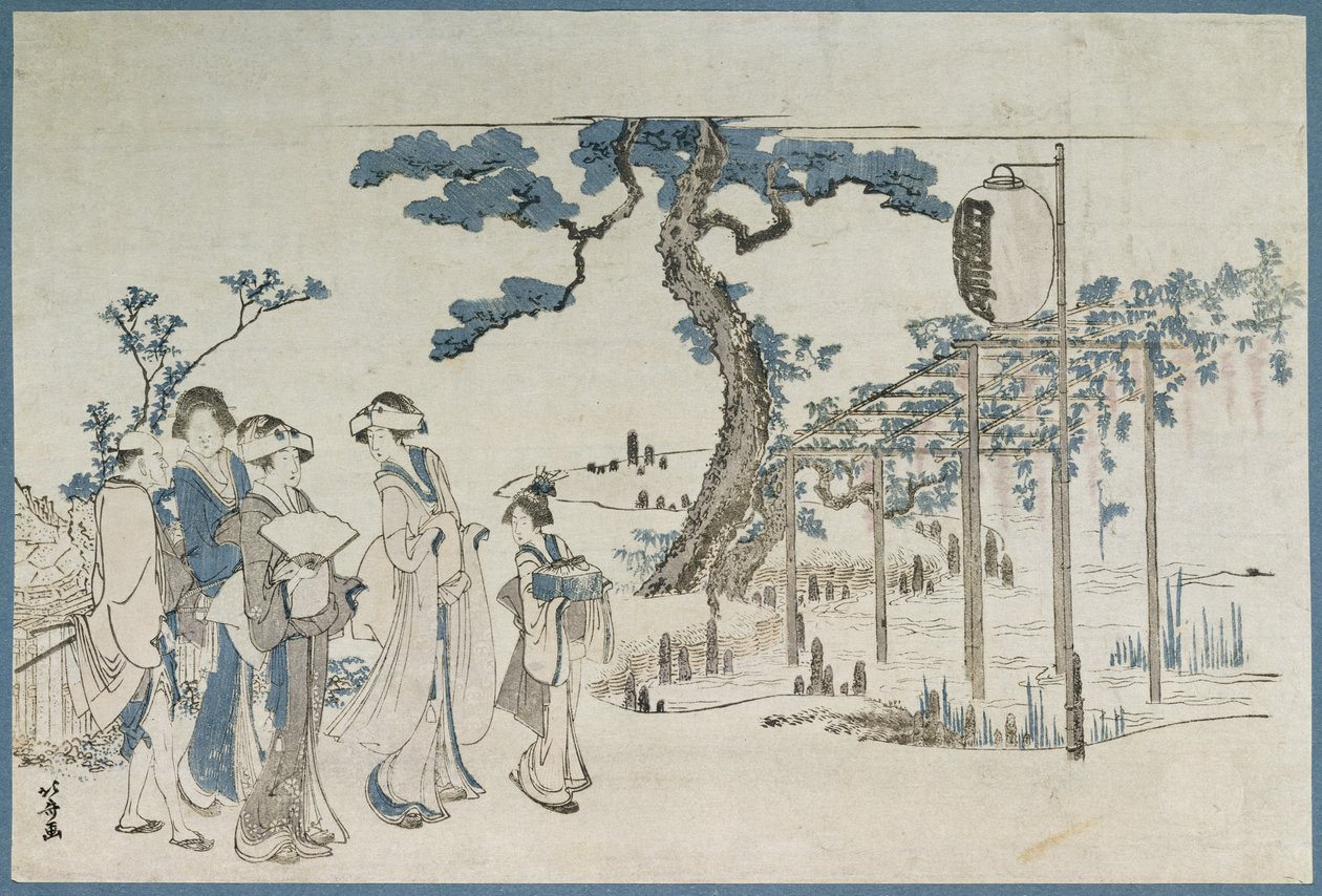 Damer på besøg i Wisteria Gardens ved Kameido (træbloktryk) af Katsushika Hokusai